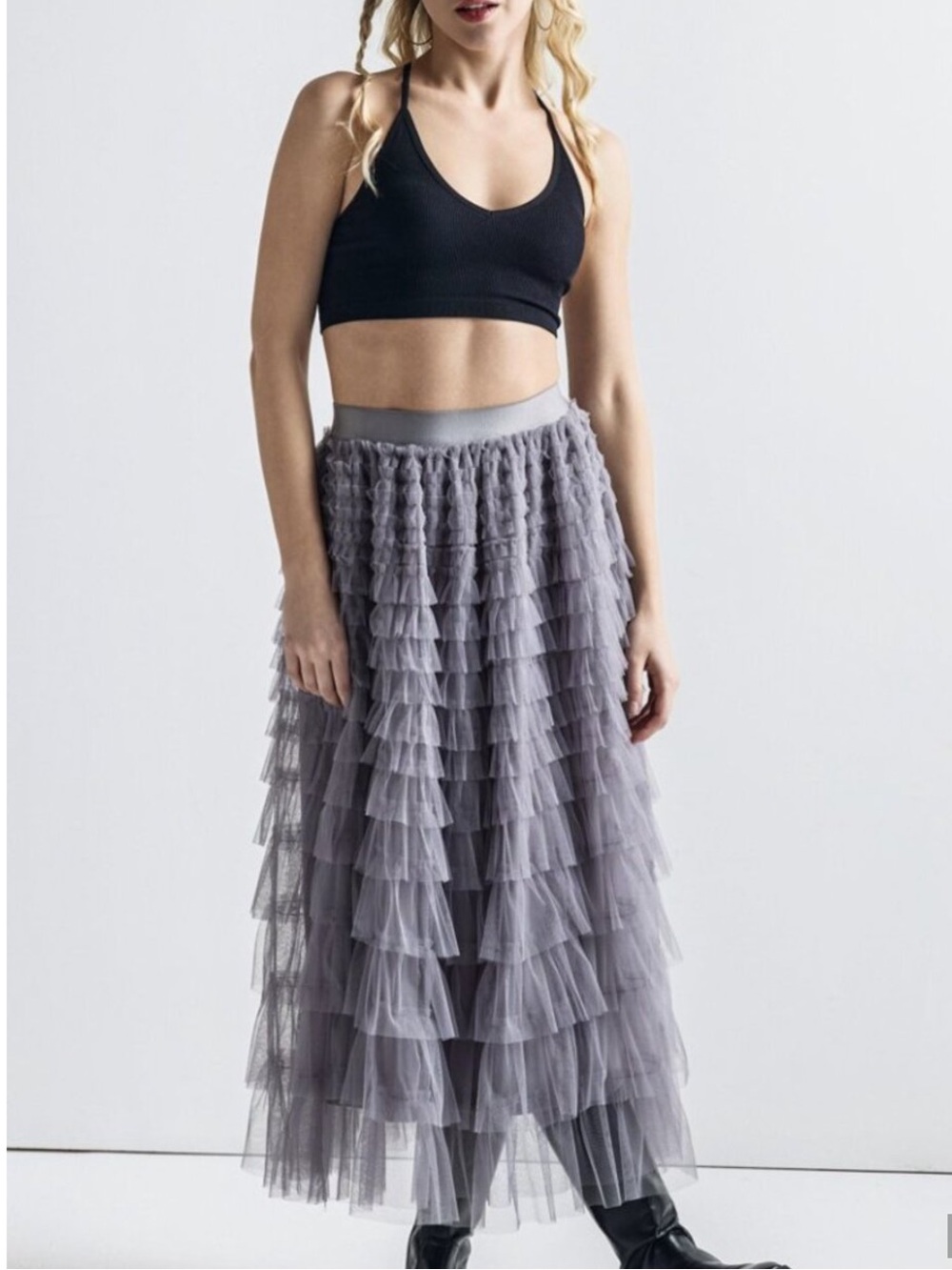 Tiered Tulle Maxi Skirt Boho Western Grey NEW